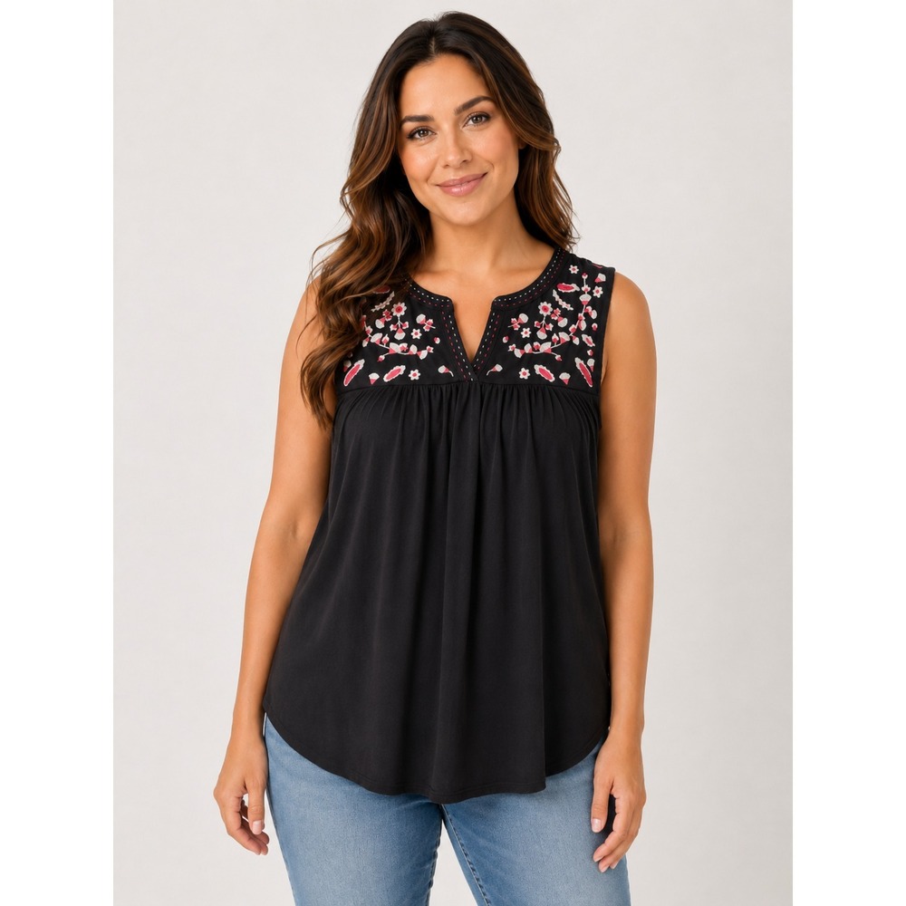 Women's‎ Black Floral Embroidered Sleeveless Blouse L Flowy V Neck Peasant Top